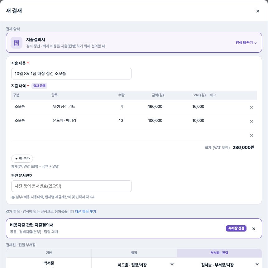 지출결의서 양식 입력 — 지출 내용, 지출 내역 표(구분·항목·수량·금액·VAT), 합계 286,000원, 결재 항목 자동 선택