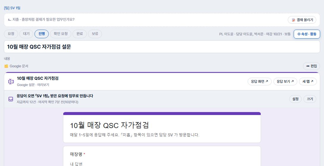 설문 본문 업무 — 응답 화면·응답 보기 단추, 응답이 오면 SV 1팀 받은 요청에 업무로 만든다는 상자(지금까지 12건, 마지막 확인 7분 전), 설문 미리보기