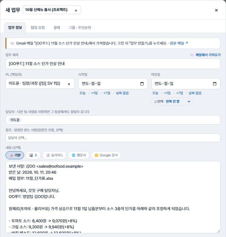 메일로 채워진 새 업무 — 제목, 보낸 사람·받은 날·메일 첨부·본문, 원본 메일 링크 띠