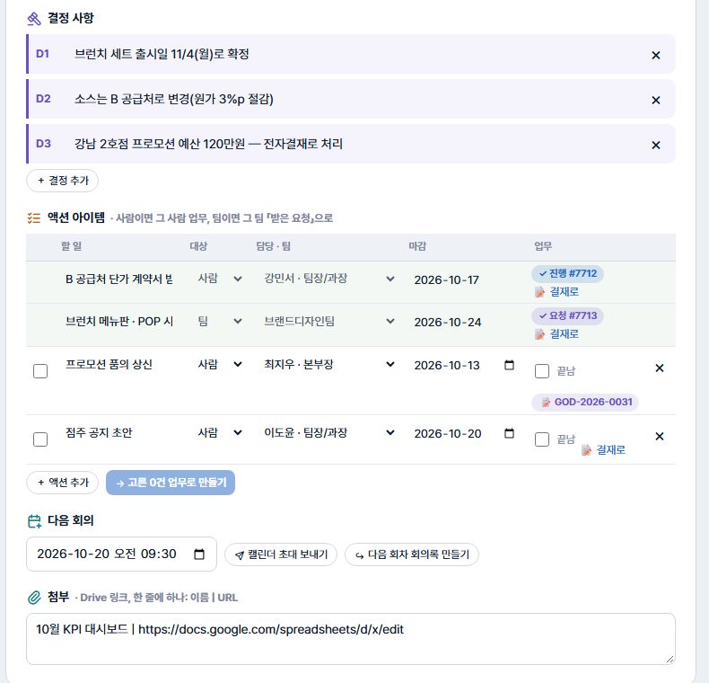 결정 사항 D1~D3, 액션 아이템 표(할 일·대상·담당·마감·업무), 업무 칩과 결재로, 다음 회의 일시와 캘린더 초대·다음 회차 회의록 만들기, 첨부