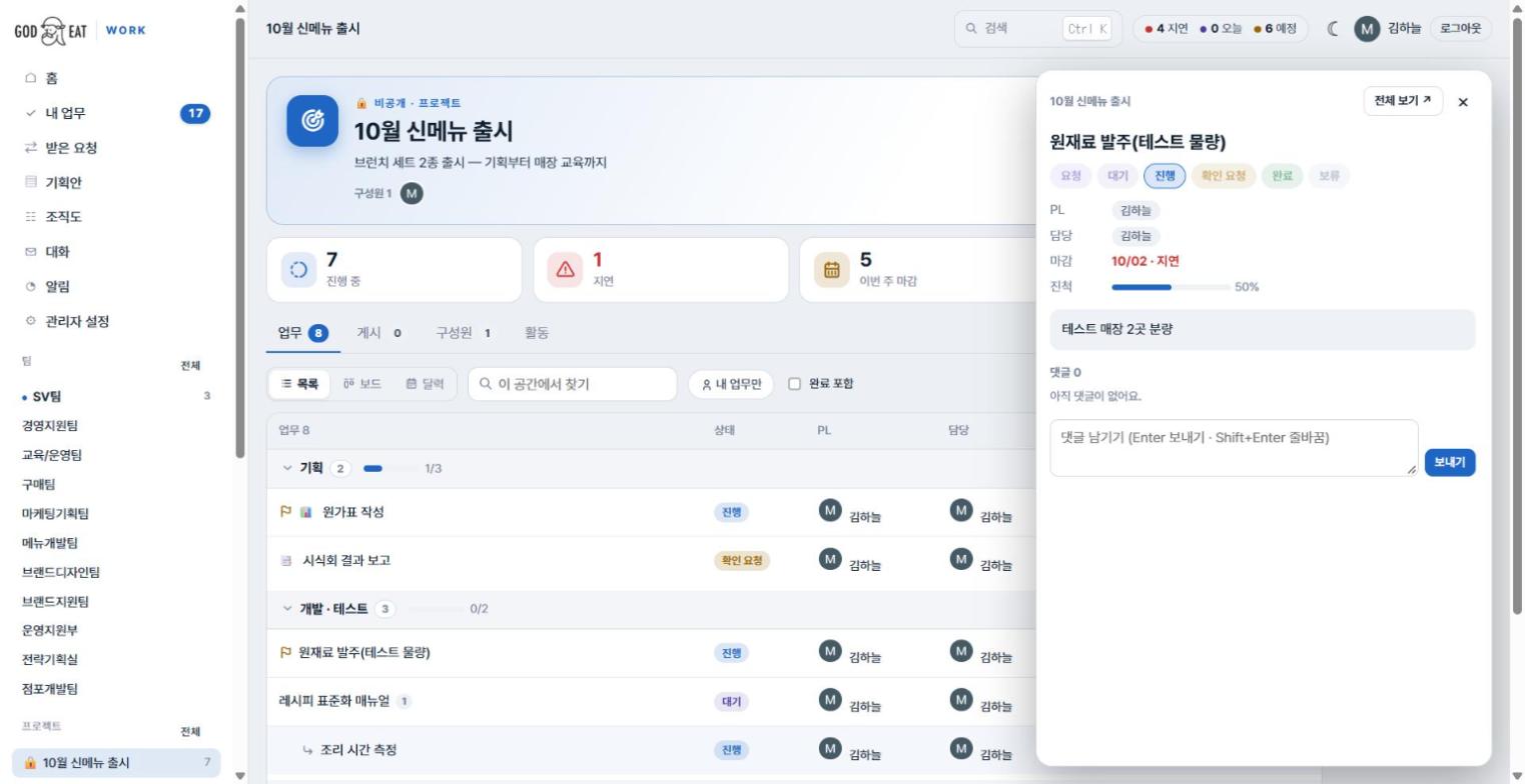 업무 미리보기 패널 — 상태 단추 여섯 개, PL·담당·마감·진척, 본문, 댓글